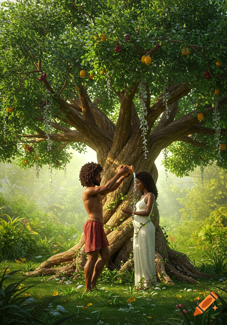 Adam waters Eve's head under a large tree of life with colorful fruits in a lush Garden of Eden.