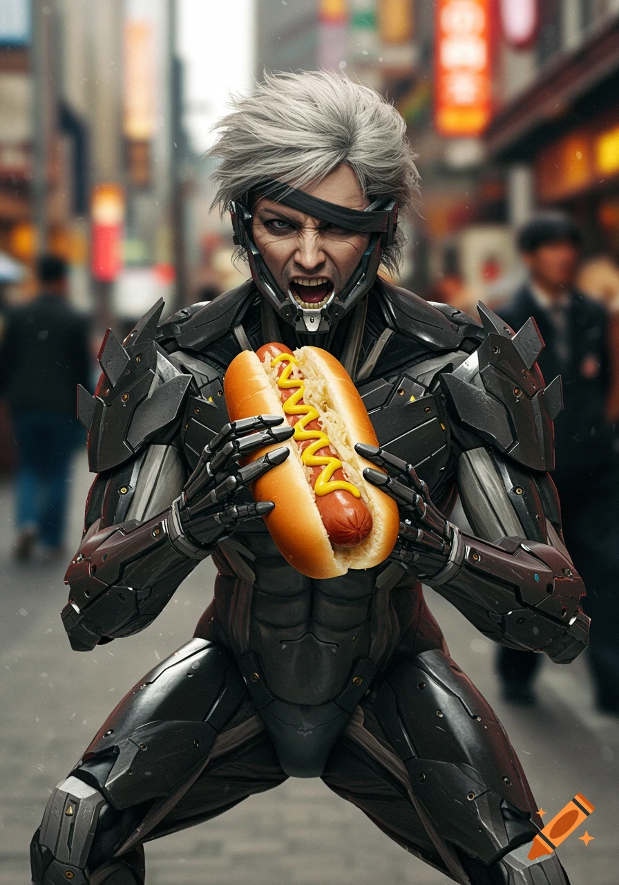 Photorealistic Raiden, a cyborg character from Metal Gear Rising, intensely holds a giant hot dog on a city street.