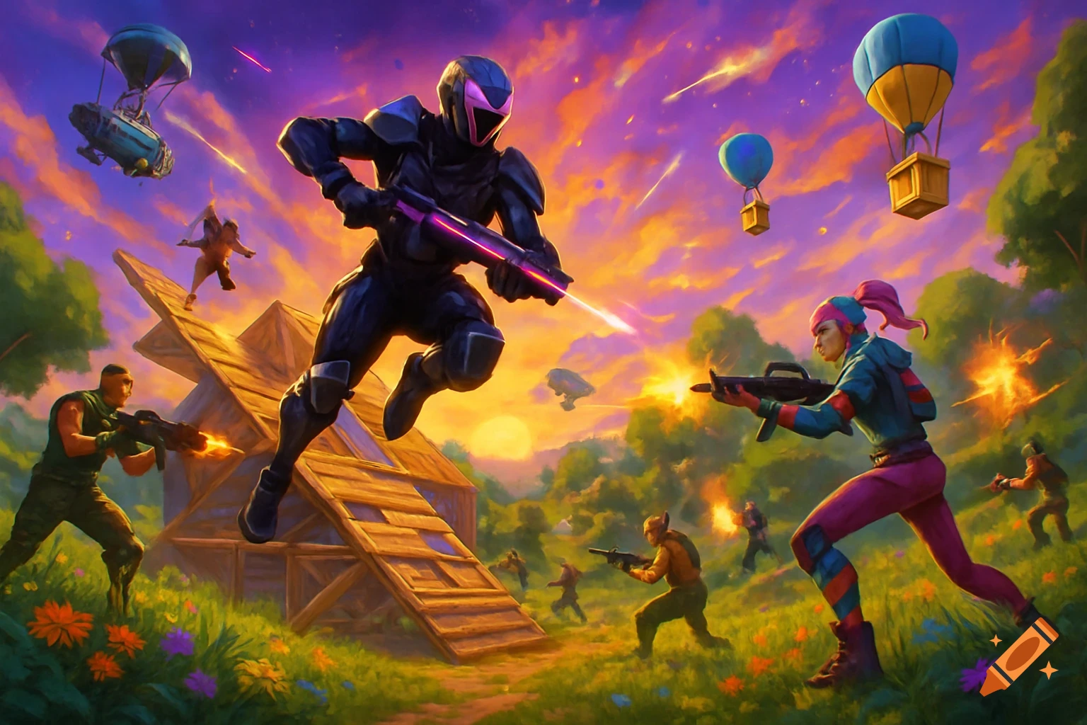 Stylized video game battle scene with multiple characters in a colorful landscape, featuring futuristic weapons and hot air balloons, in the style of Fortnite.