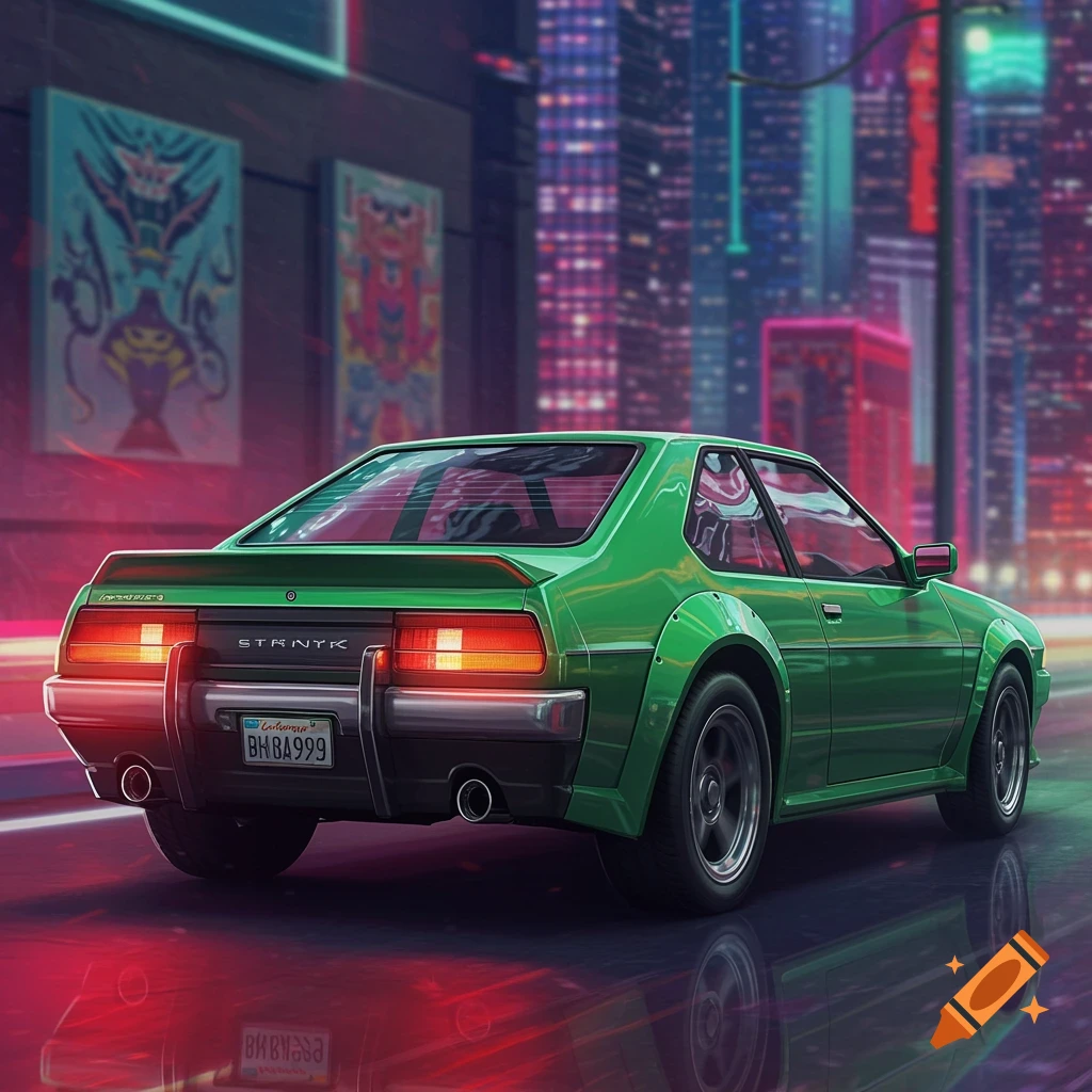 A bright green retro-futuristic car with a wide body kit is parked on a wet street at night, reflecting neon city lights.