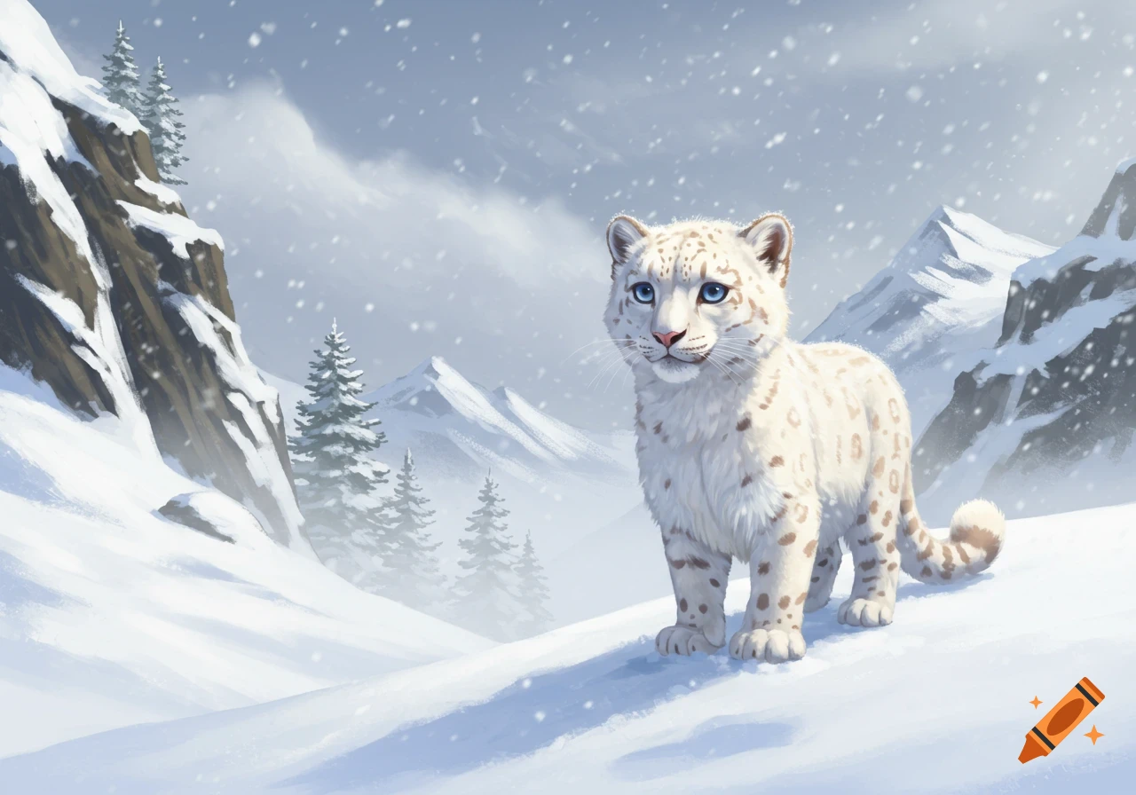 A cute white snow leopard cub with blue eyes stands in a snowy mountain landscape with falling snow and evergreen trees.