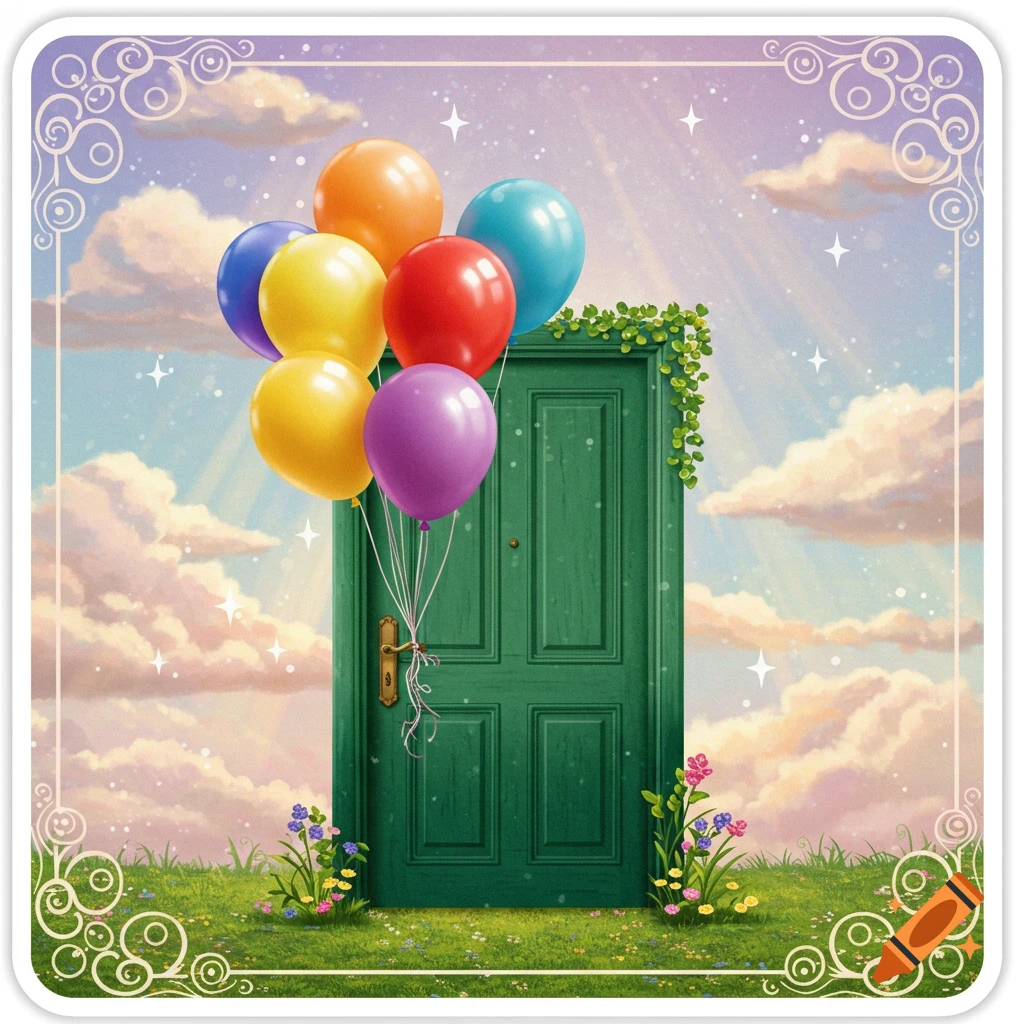 A whimsical emerald green door stands in a grassy field under a pastel sky with clouds and stars, adorned with a bunch of colorful balloons and vines.