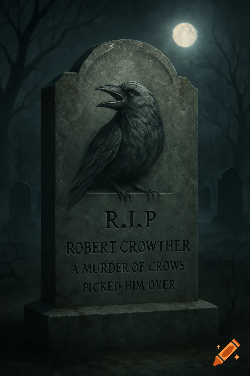 A tombstone with a stone crow sculpture and text 'R.I.P. Robert Crowther A Murder of Crows Picked Him Over' in a moonlit graveyard.