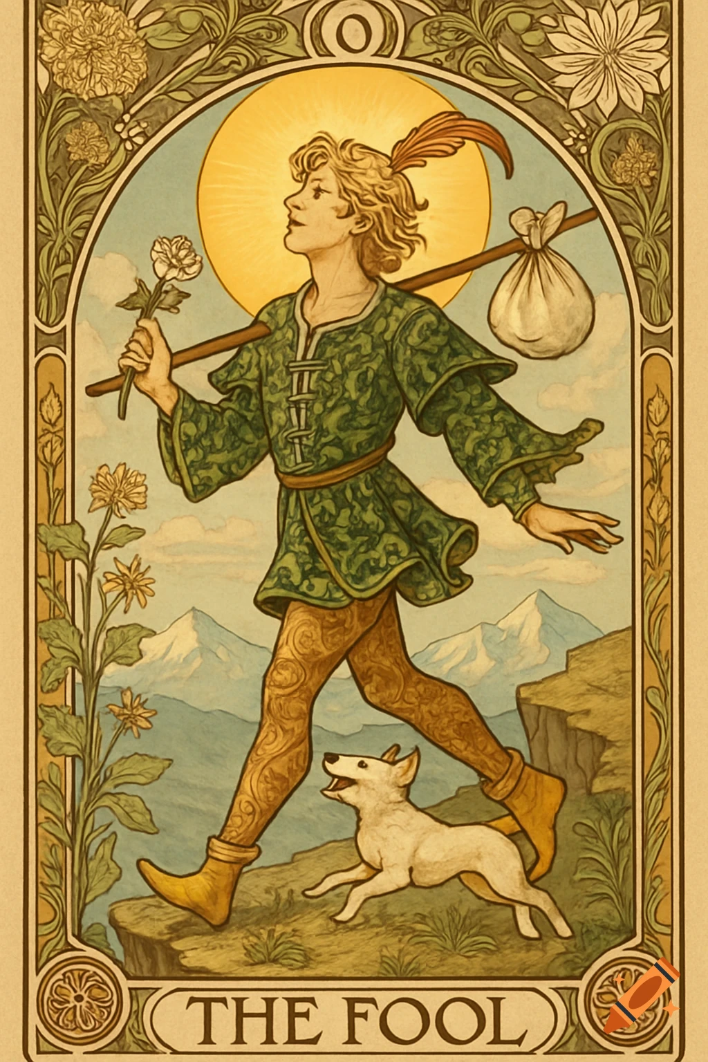 An Art Nouveau tarot card of The Fool, a youthful man with a dog skipping joyfully near a cliff edge under a golden sun. Text reads "0" and "THE FOOL".