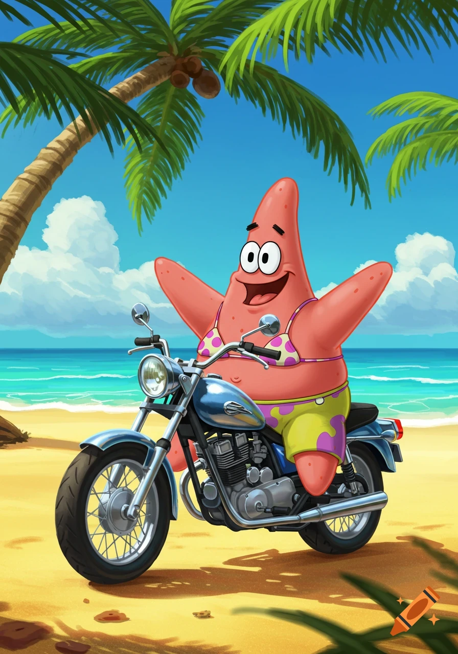 Patrick Star wearing a bikini and shorts, riding a blue motorcycle on a sunny beach with palm trees.