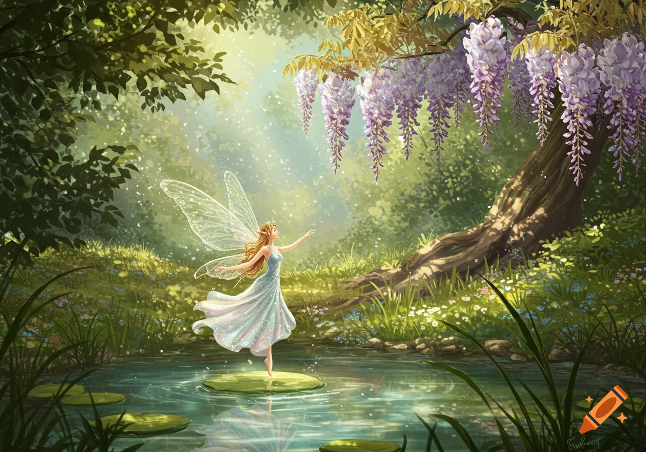 A fairy with shimmering wings and a light blue dress stands on a lily pad in a magical forest with purple wisteria flowers.