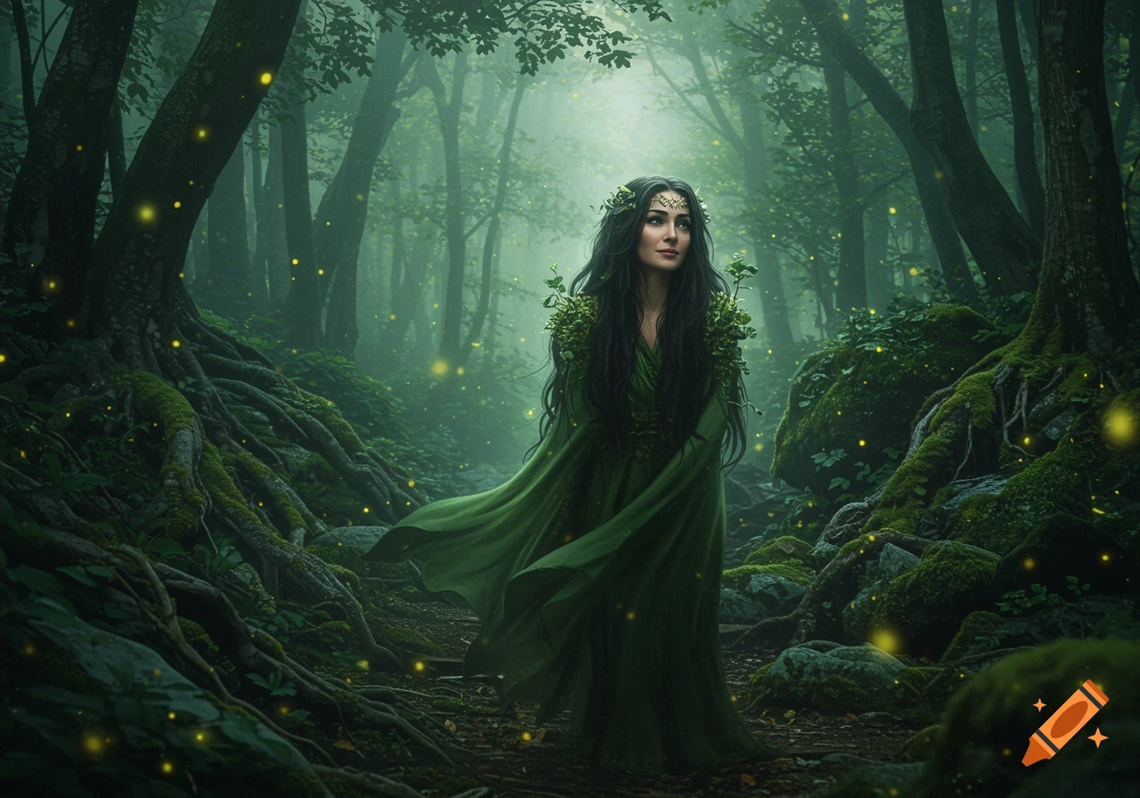 A mystical woman in a green dress with flowing dark hair stands in a misty, dark green forest with glowing fireflies.