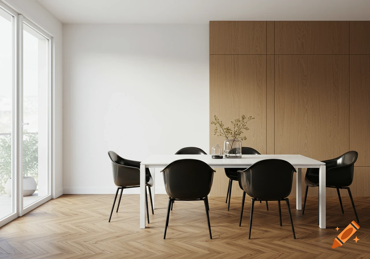 A modern dining room with a white rectangular table and six black chairs, set against a white wall and a light wood paneled wall, with a large window on the left.