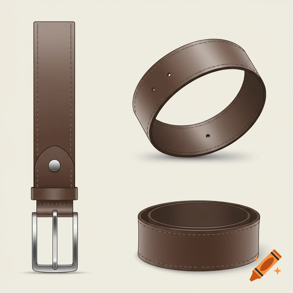Three brown leather belt mockups in different positions on a light background, including a straight belt with a buckle, a curved belt, and a rolled belt.