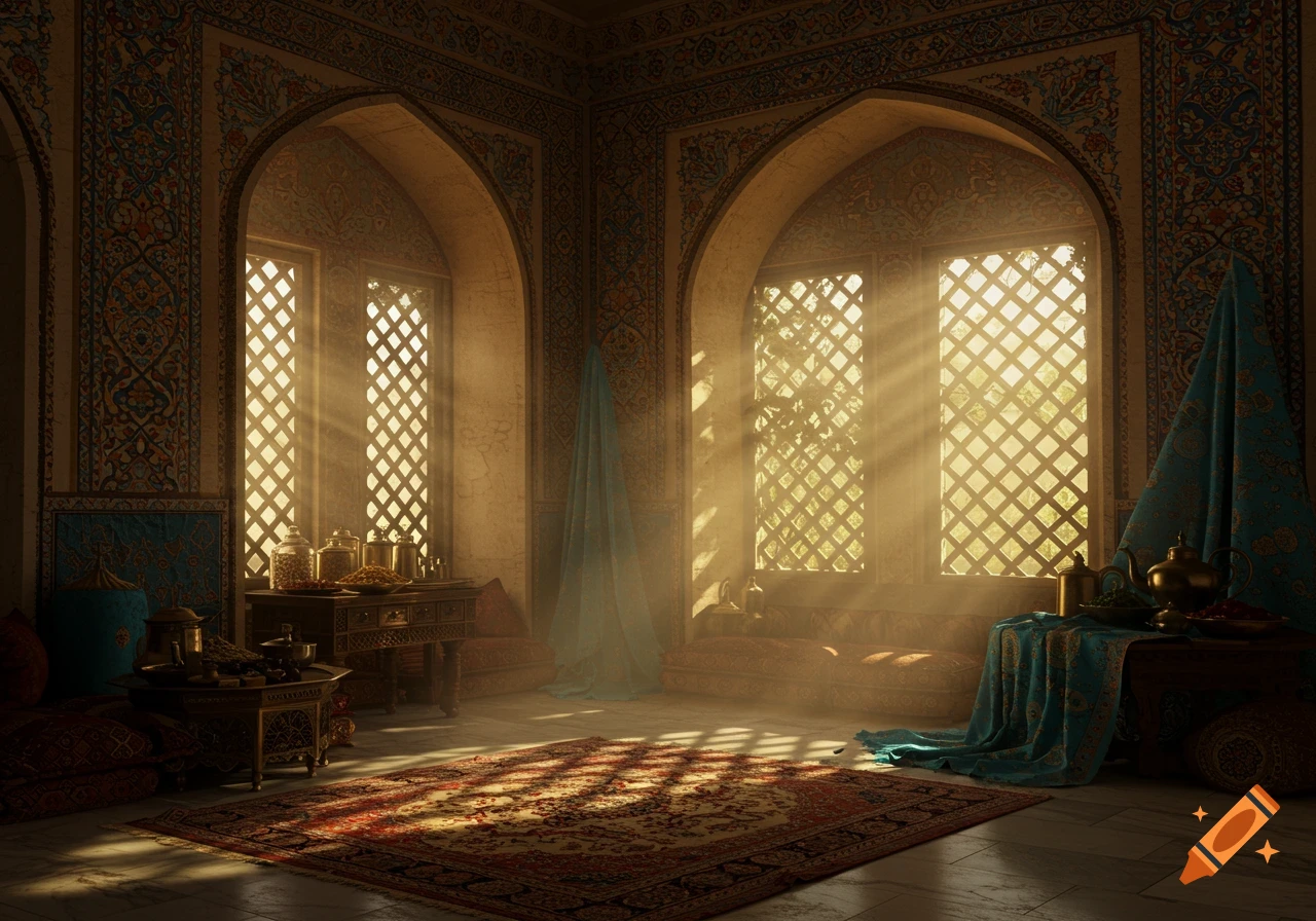 A richly decorated, sunlit room with arched windows, patterned walls, a detailed rug, and ornate furniture in an ancient Middle Eastern style.
