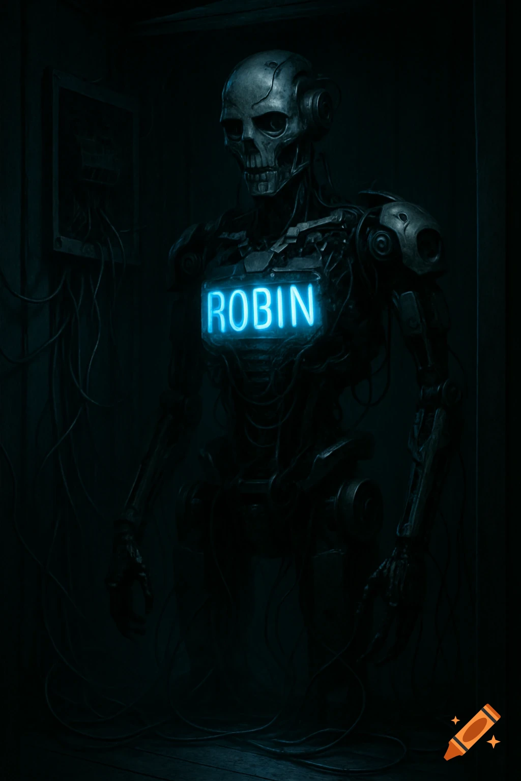 A dark, realistic image of a skeletal robot with glowing blue 'ROBIN' text on its chest, standing in a dim closet with wires.