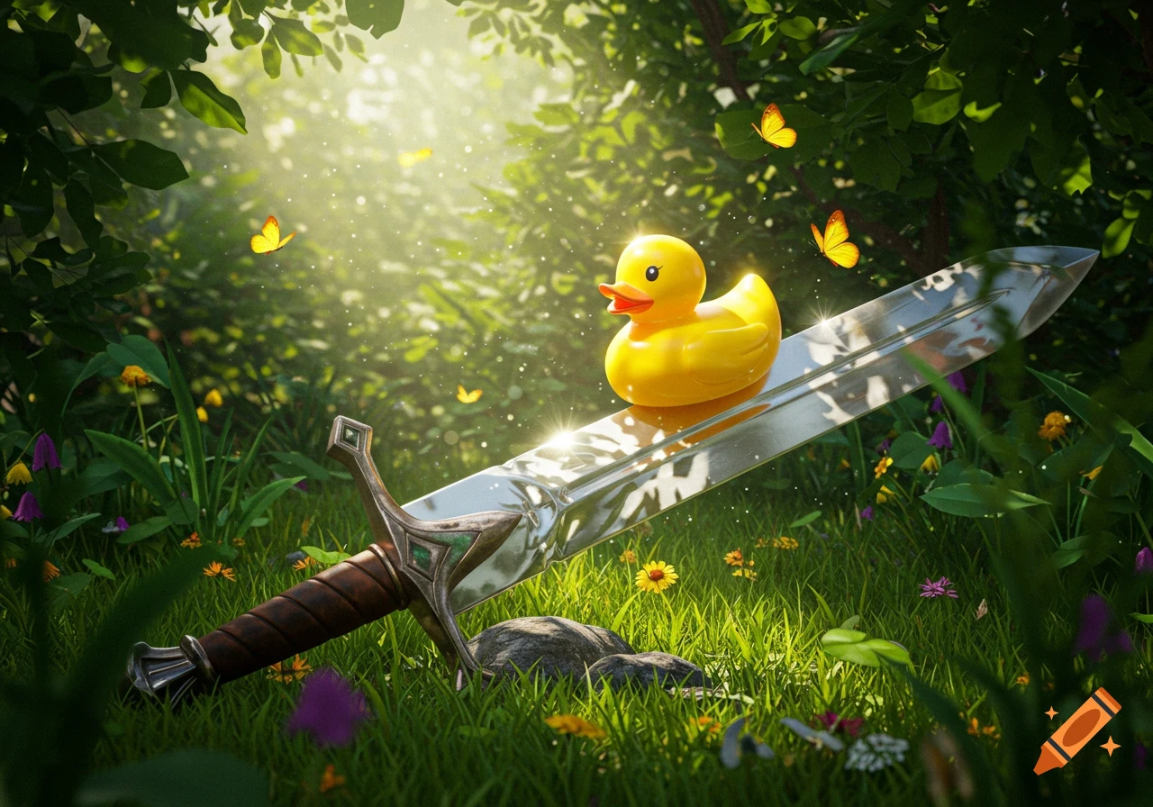 A shiny sword with a yellow rubber duck on its blade lies in sun-dappled green grass with butterflies and wildflowers.