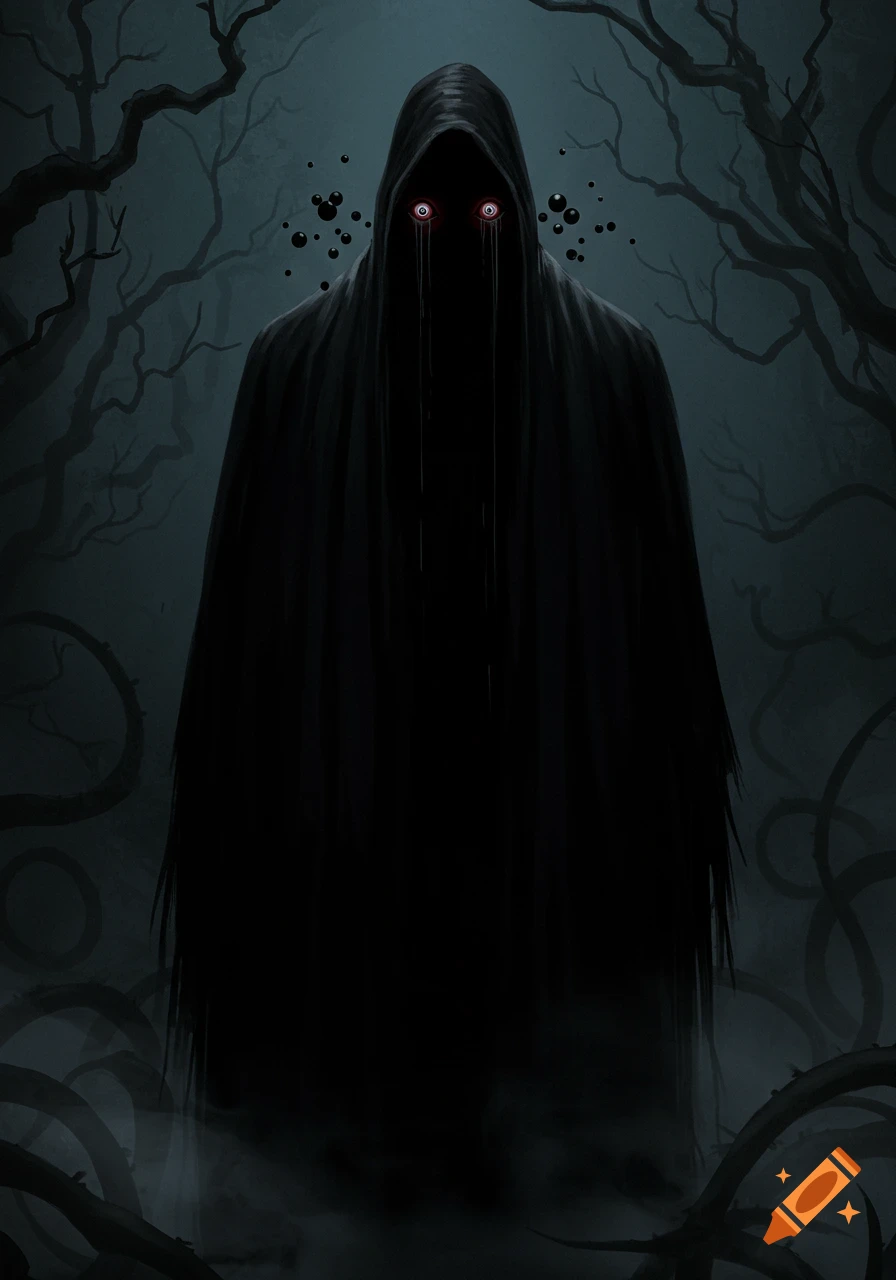 A dark, cloaked figure with glowing red eyes and black tears stands in an eerie, shadowy forest.