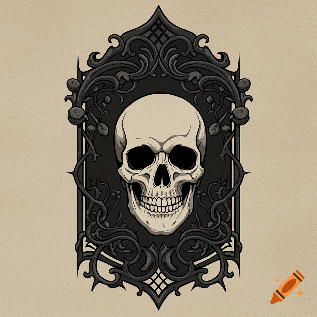 A stylized skull centered within a dark, ornate gothic frame on a light beige background.
