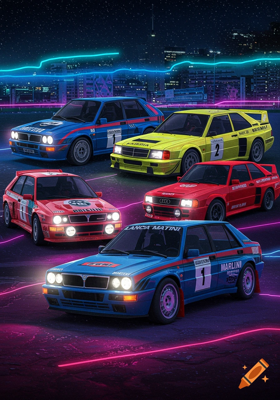 Five neon-colored rally cars, including blue Lancia Delta and red Audi Quattro, on a road with light trails and a city skyline at night in a synthwave style.