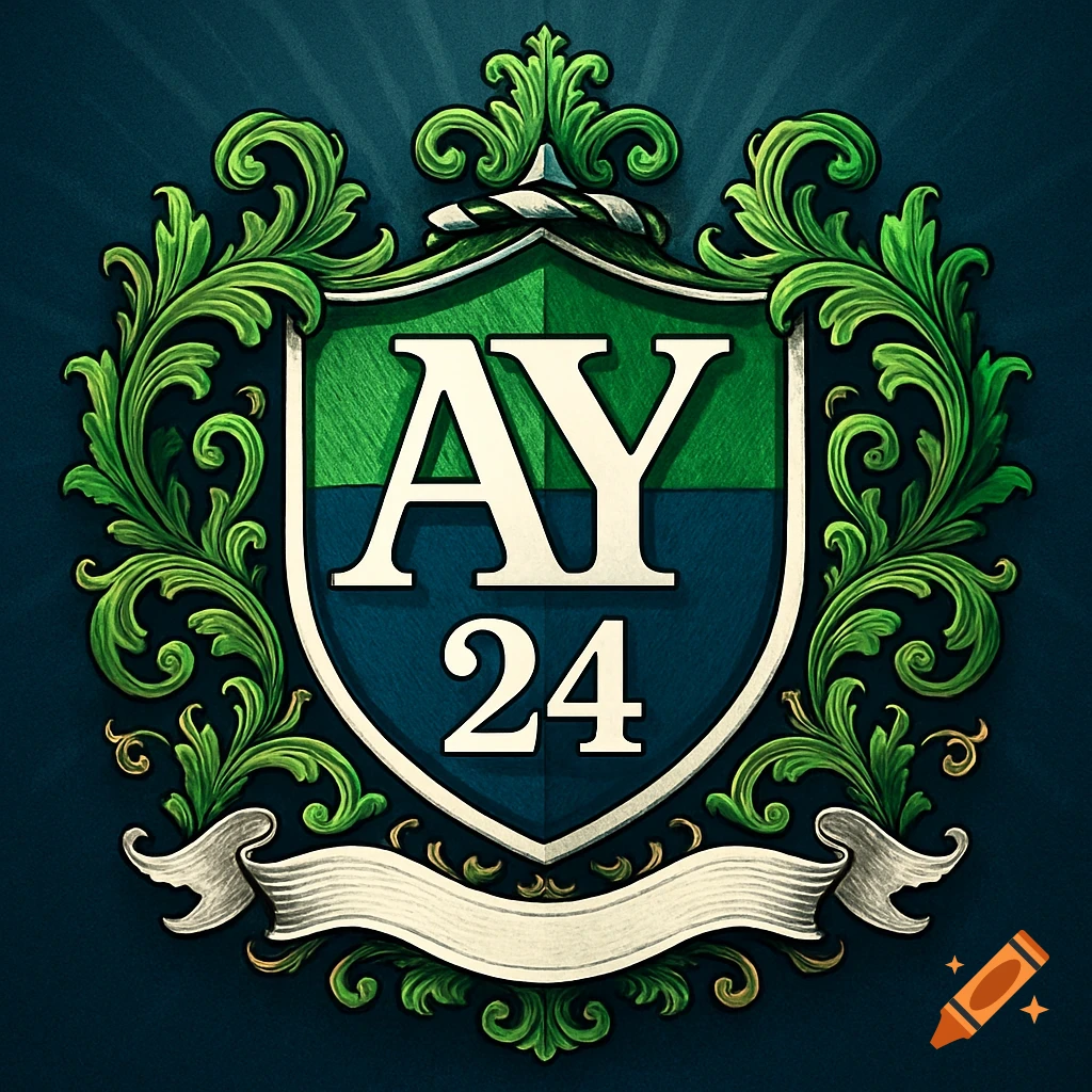 A detailed kelly green, navy, and white crest with ornate green foliage, featuring the letters AY and number 24.
