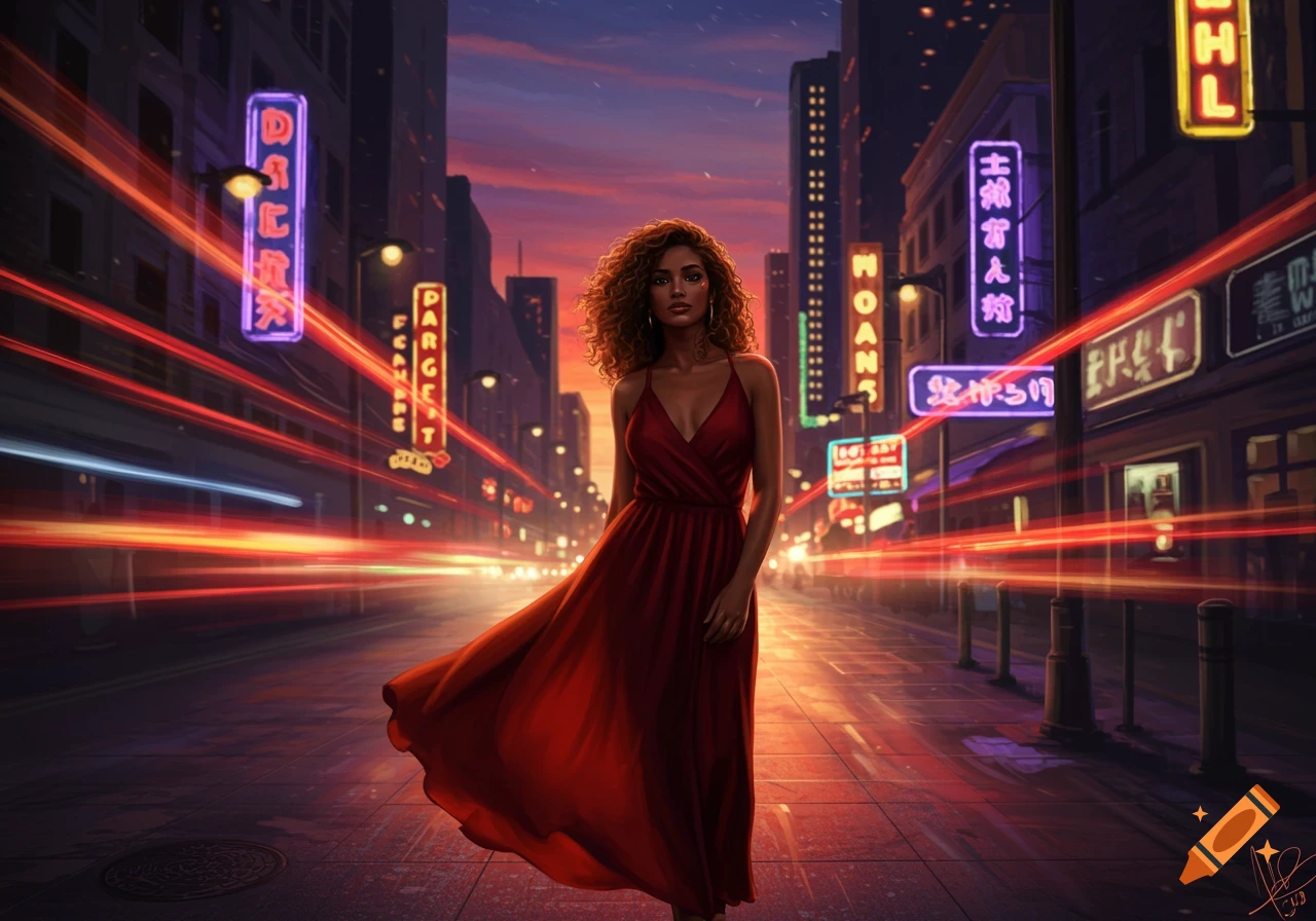 A woman with curly hair in a red dress stands on a city street at dusk, surrounded by glowing neon signs and light trails.