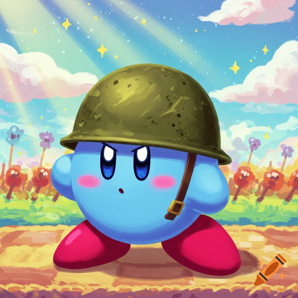 Light blue Kirby wearing an army helmet stands in a colorful field under a sunny sky.