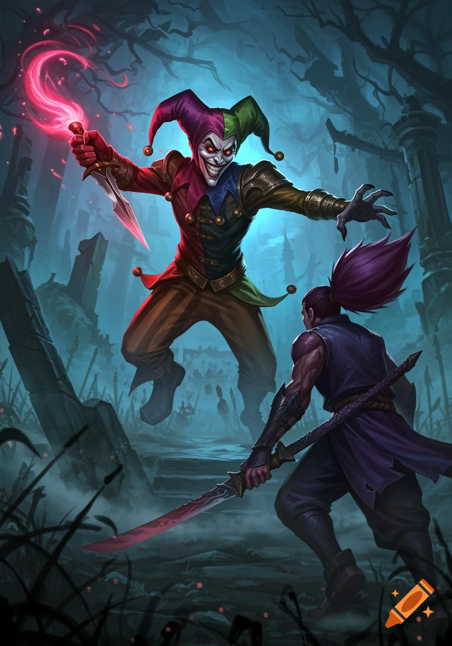 Shaco, a jester-like character with a knife, attacks Yasuo, a swordsman, in a dark fantasy setting.