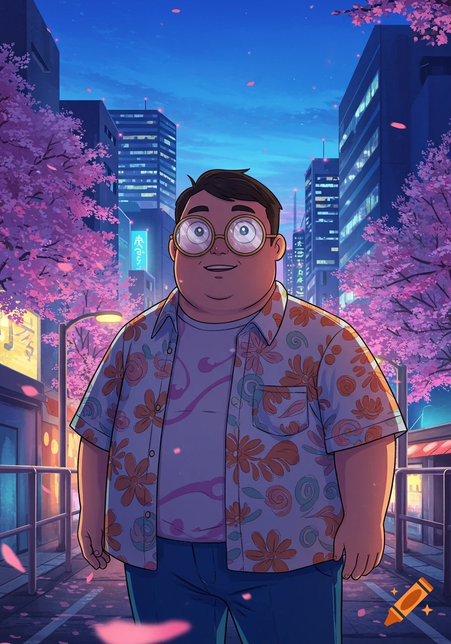 A chubby anime man with glasses and a floral shirt stands on a city street lined with pink cherry blossom trees at dusk.