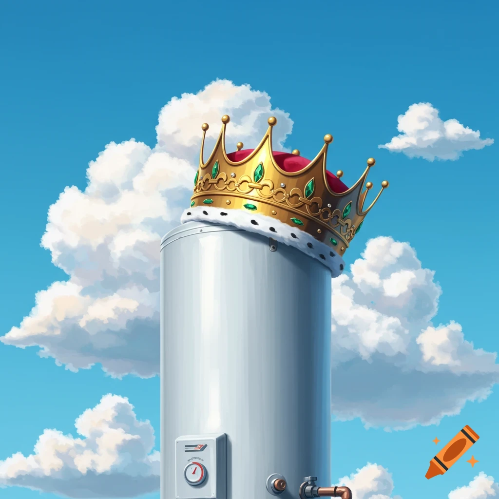A large, cylindrical grey water heater stands outdoors under a blue sky with clouds, wearing a golden king's crown adorned with green jewels.