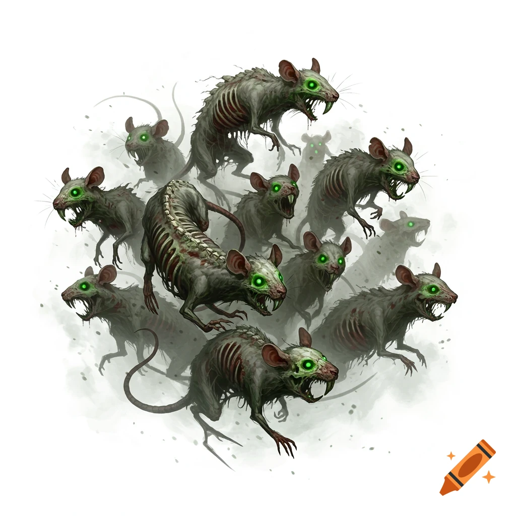 A swarm of grotesque undead rats with exposed ribs and glowing green eyes, depicted in an illustrative style.
