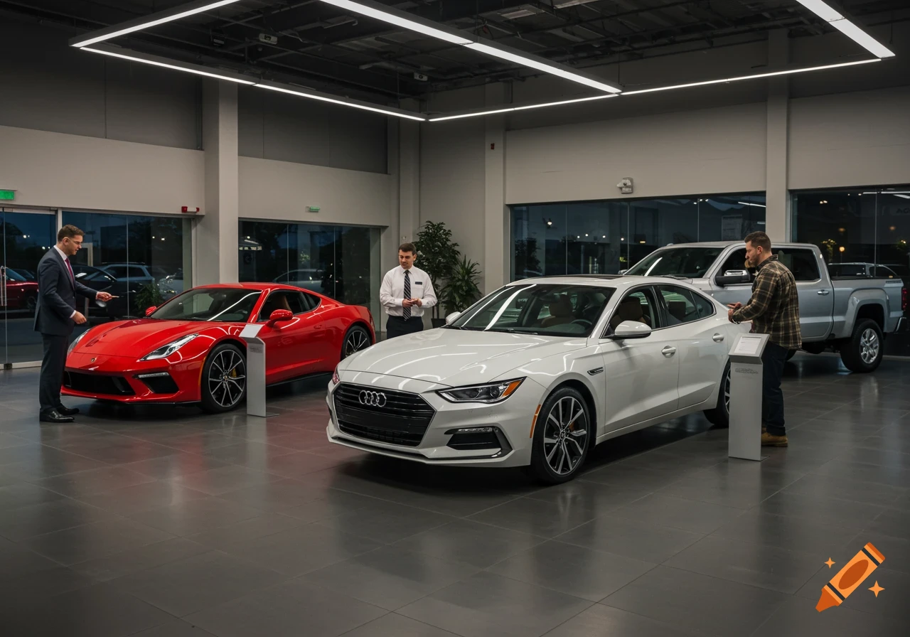 A car showroom with a red sports car, a white sedan, and a silver pickup truck, with salespeople and customers browsing.