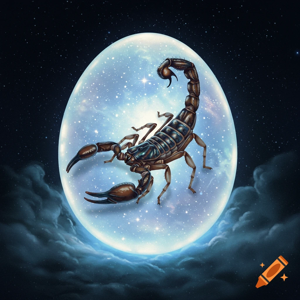A detailed scorpion is superimposed on a glowing, starry, egg-shaped orb floating in dark outer space with wispy clouds.