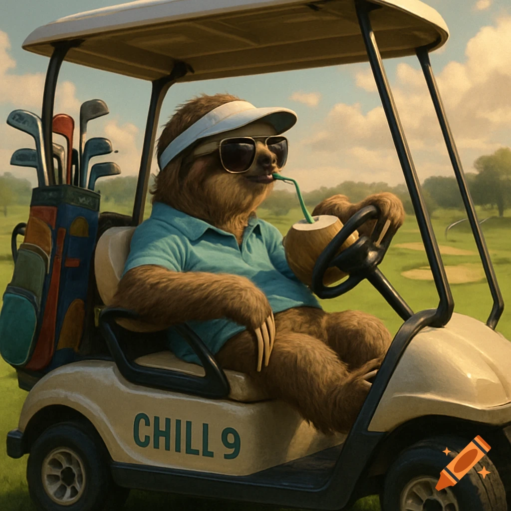 A semi-realistic sloth in a golf cart on a golf course, wearing sunglasses and a visor, sipping from a coconut.