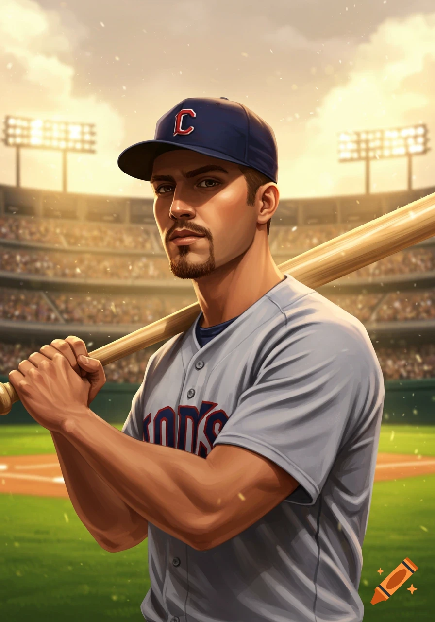 A male baseball player with a goatee in a blue cap and grey uniform holds a bat on his shoulder in a sunny stadium.