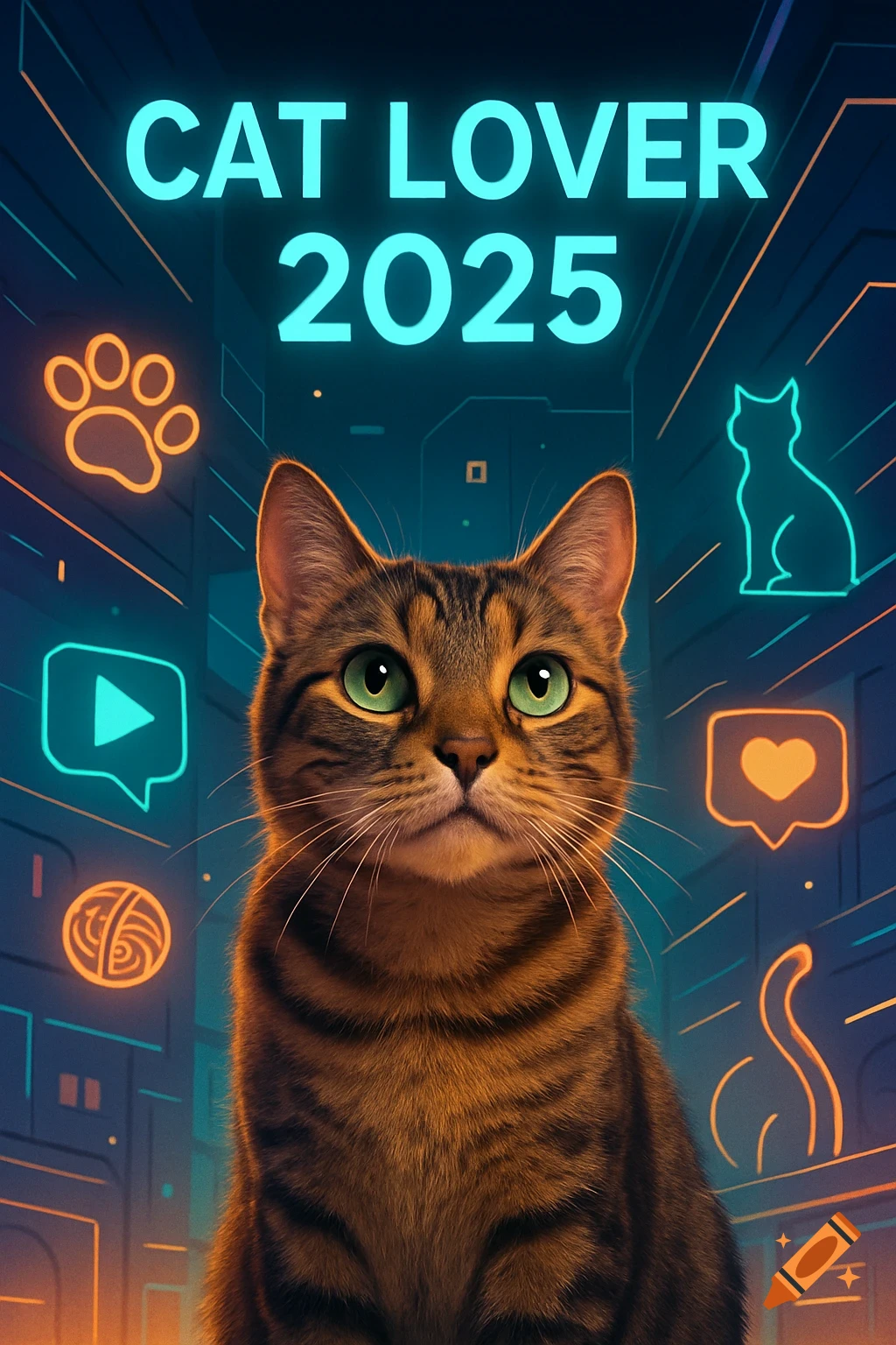 A brown tabby cat with green eyes against a dark blue futuristic background with glowing neon lines and icons. Text "CAT LOVER 2025".