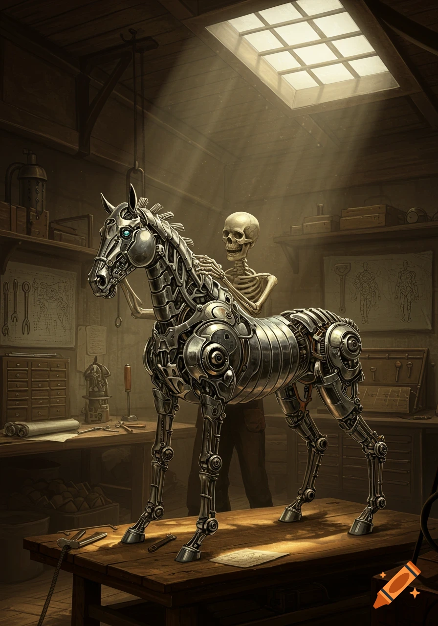 A skeleton working on a detailed biomechanical horse in a dusty workshop with sunlight streaming through a skylight.