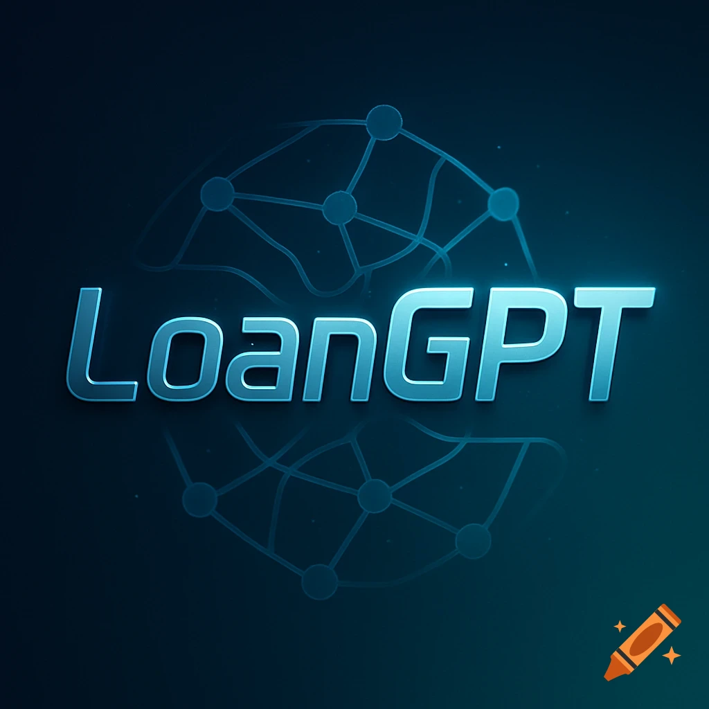 A digital logo for LoanGPT with blue-green text and a faint network globe background.
