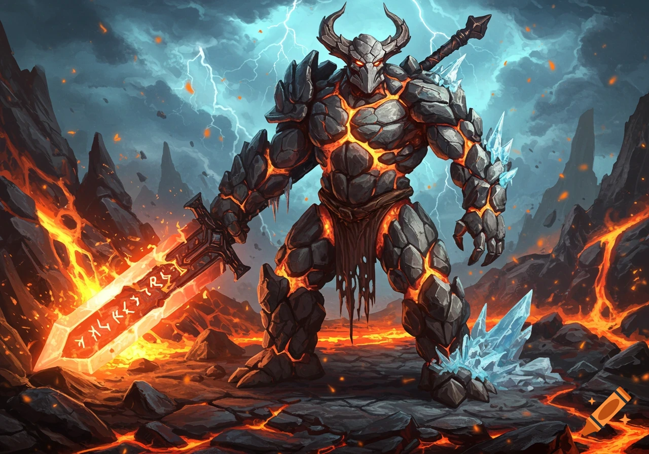 A powerful elemental creature made of rock, molten lava, and ice, wielding a glowing broadsword in a stormy, volcanic landscape.