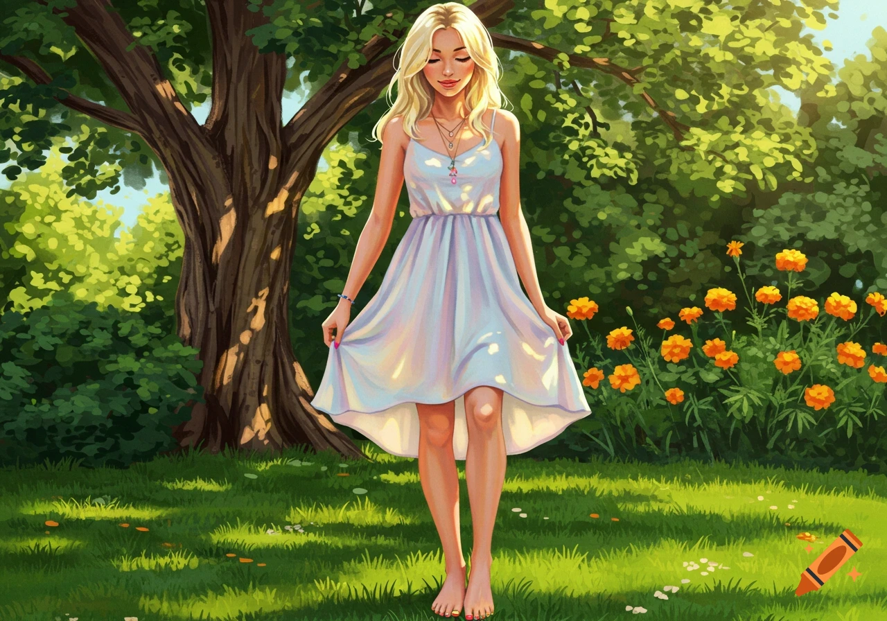 A blonde woman in a white dress stands barefoot in a sunny garden with a large tree and orange flowers, in a painterly style.
