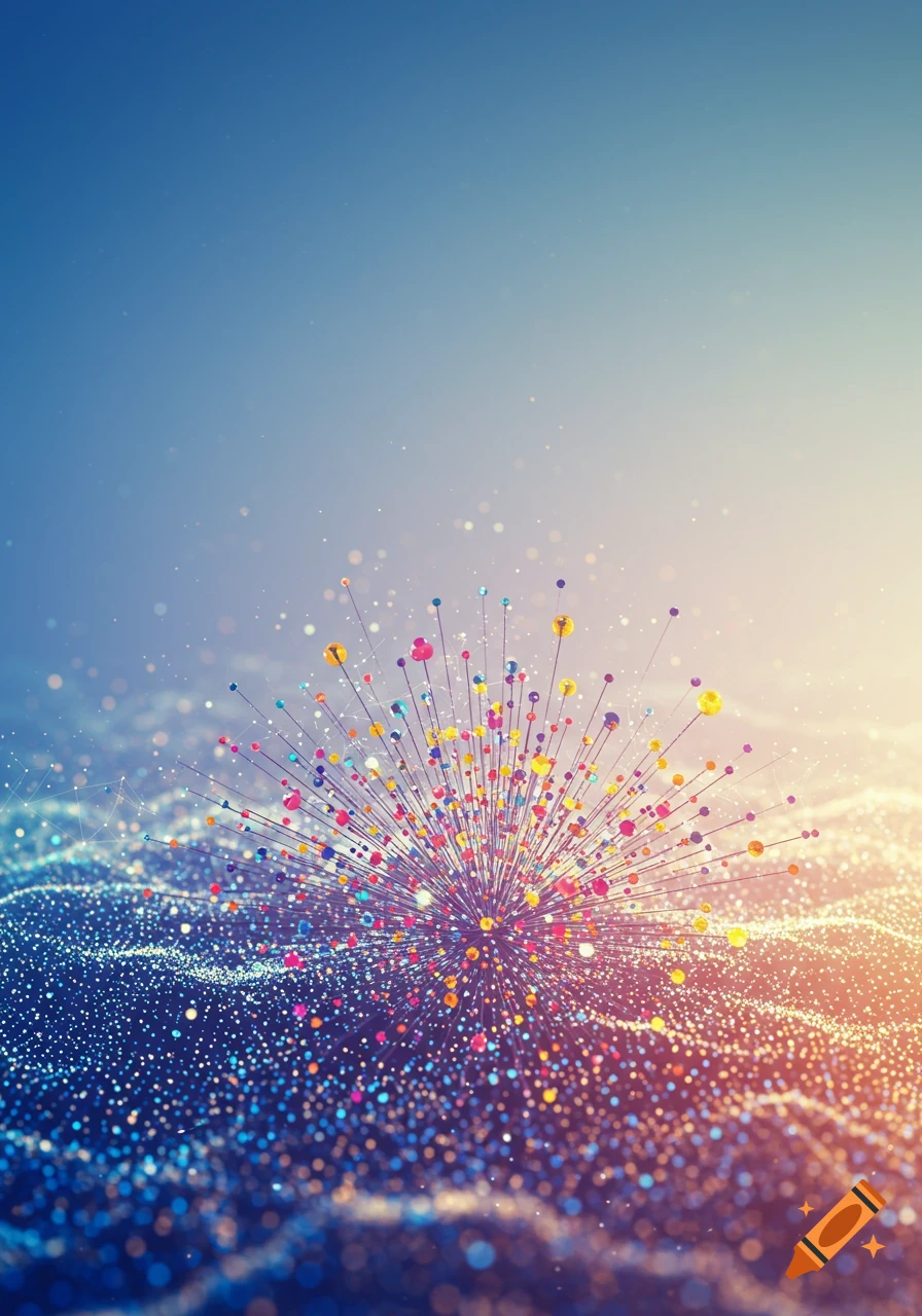 Abstract render of a colorful explosion of dots connected by lines over a shimmering field of light particles against a blue and orange gradient.
