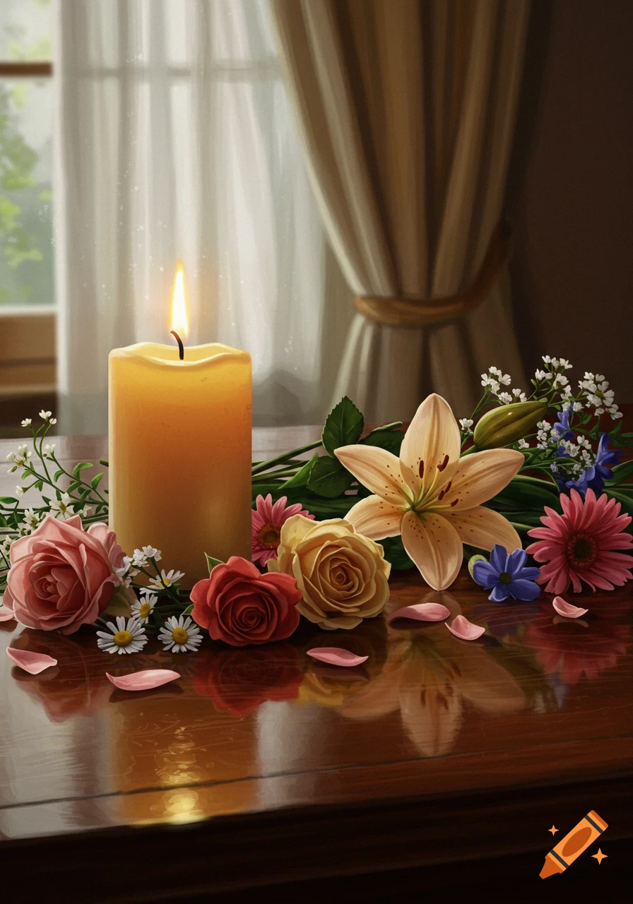 A lit candle on a dark wooden table surrounded by colorful cut flowers including roses, lilies, and daisies.