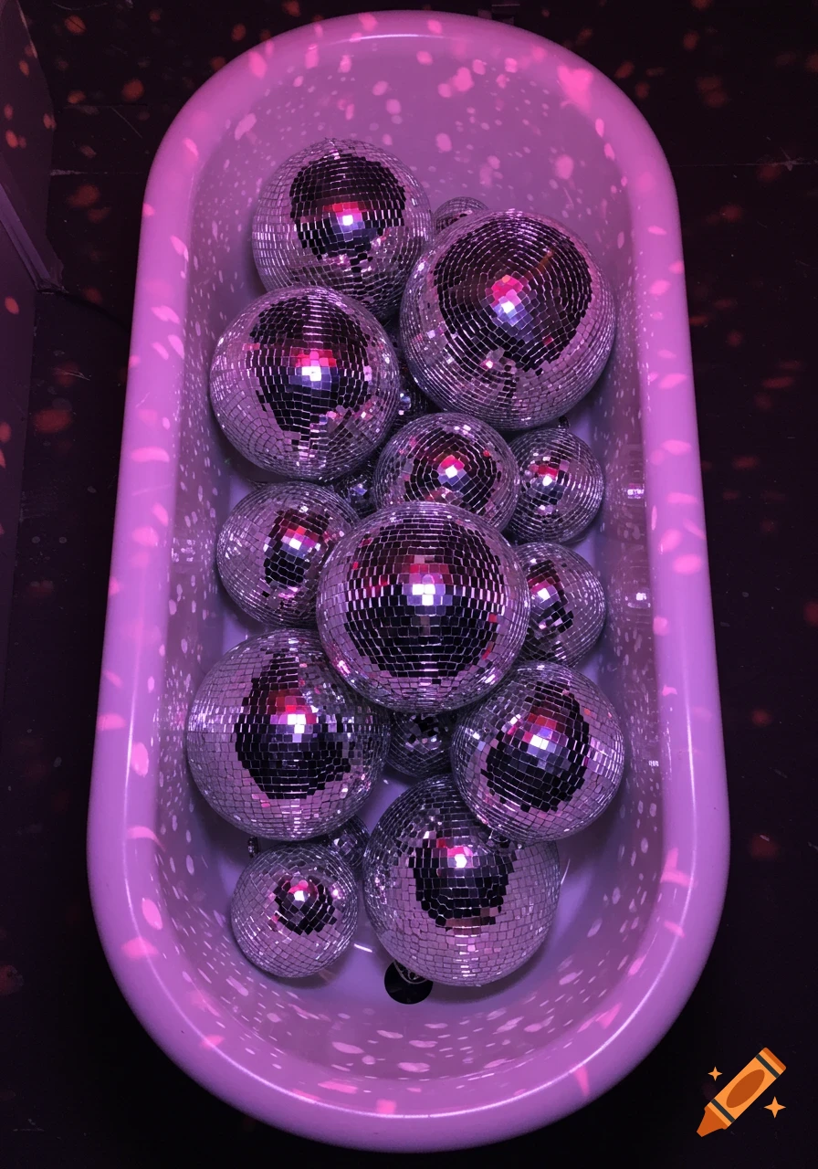 A white bathtub filled with numerous silver disco balls of various sizes, illuminated by purple light.