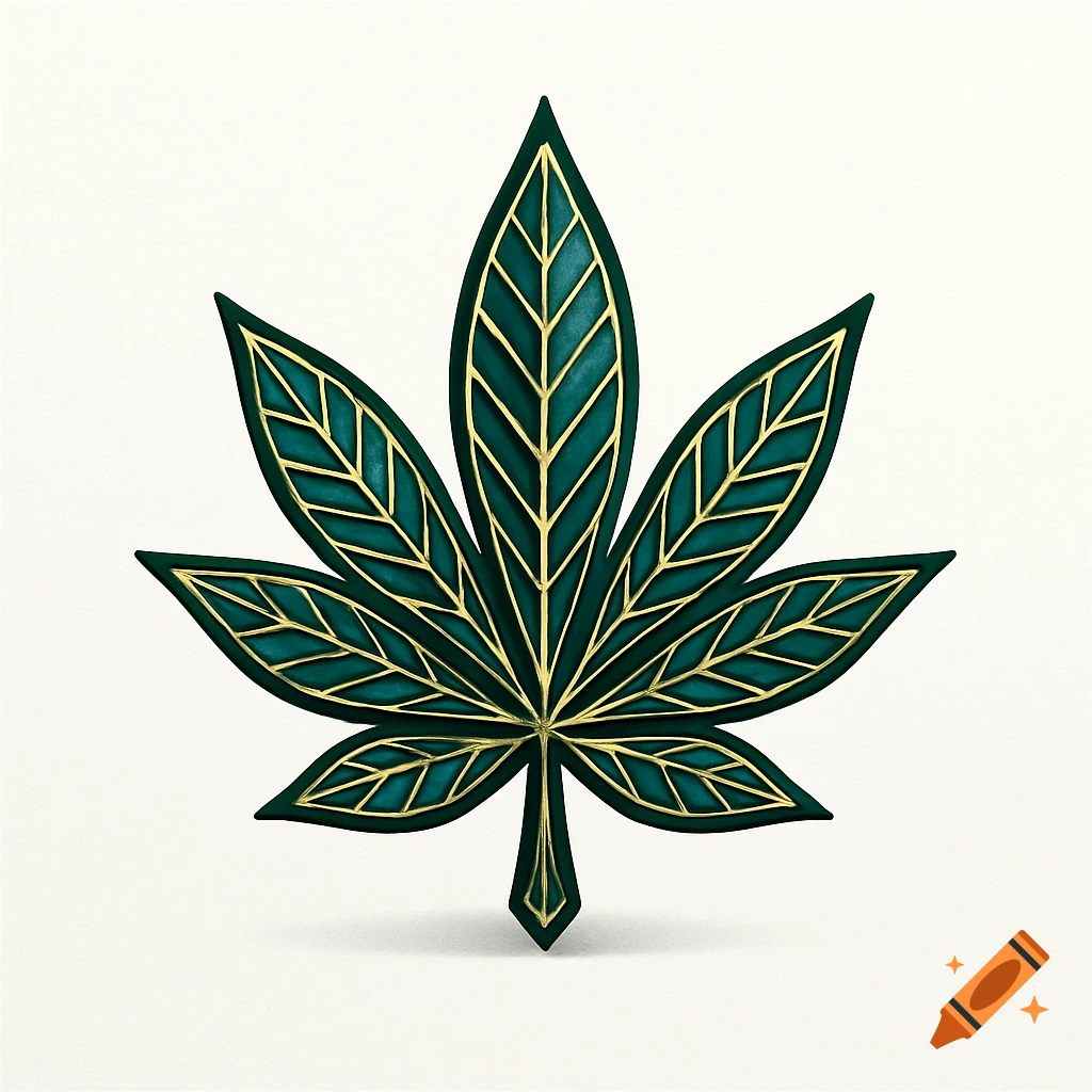 A stylized dark teal and gold cannabis leaf logo with intricate vein patterns on a white background.