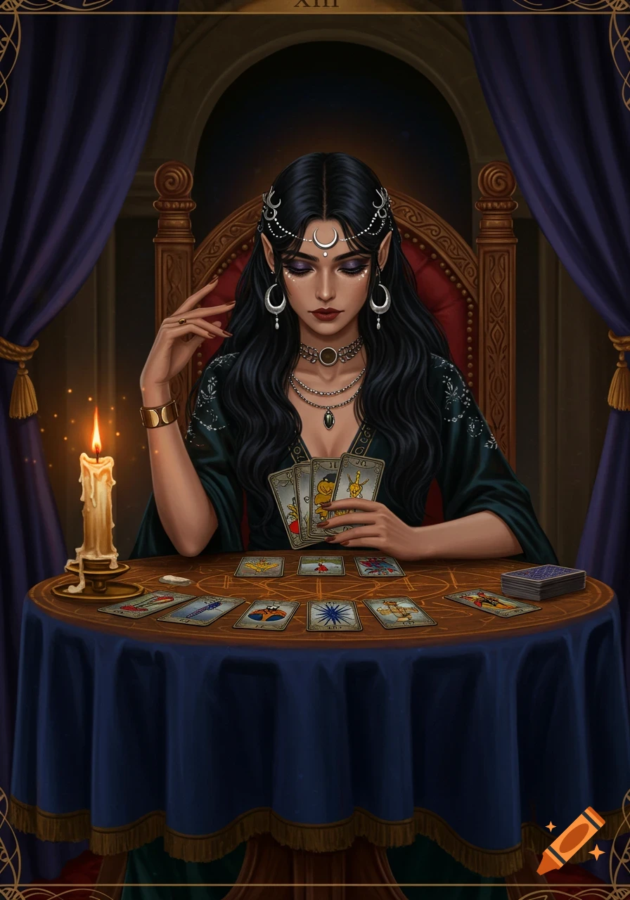 A dark-haired woman with elf ears and crescent moon jewelry sits at a table with tarot cards and a lit candle, performing a reading.