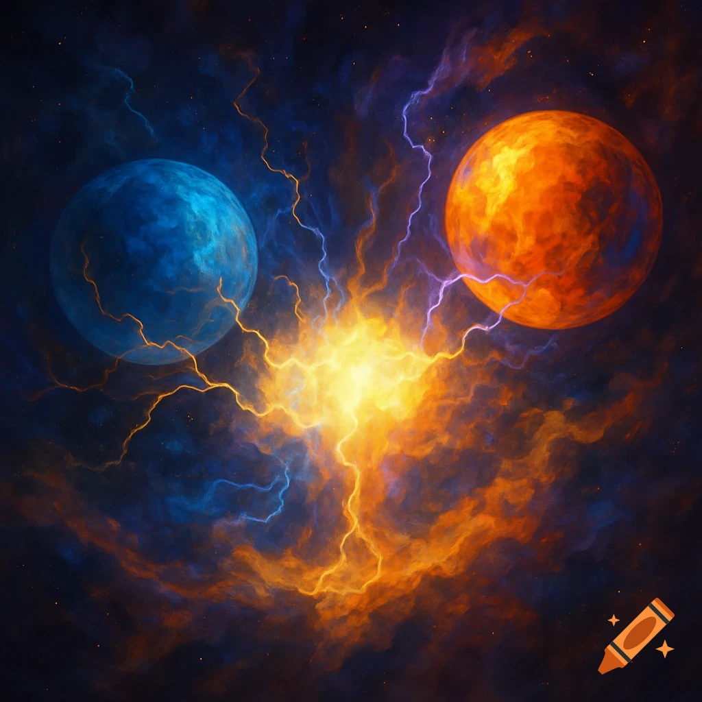 A blue planet and an orange planet connected by vibrant yellow and purple lightning amidst a cosmic nebula.