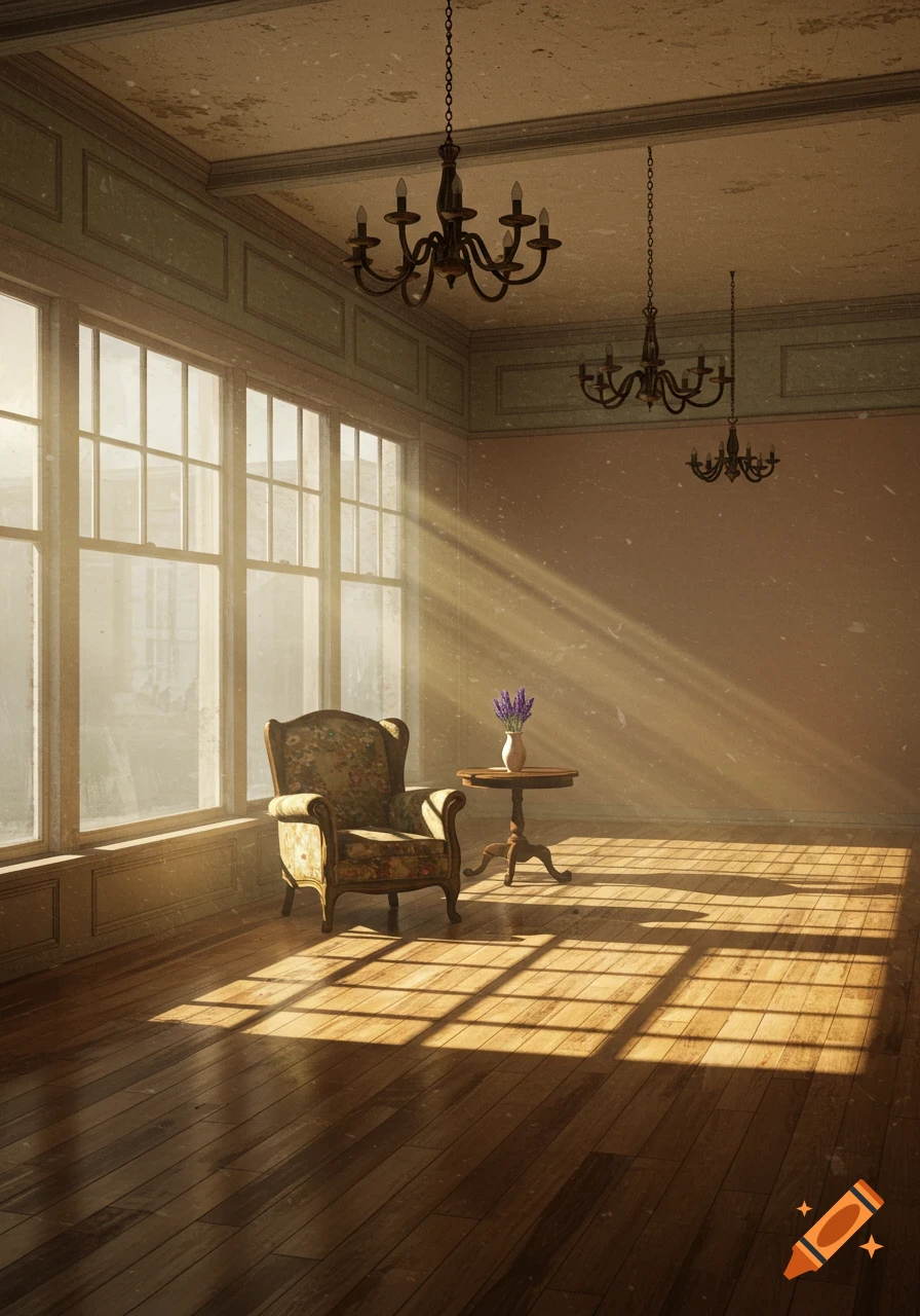 Sunlight streams into a vintage room with a floral armchair, small table, and chandeliers, casting shadows on the wooden floor.