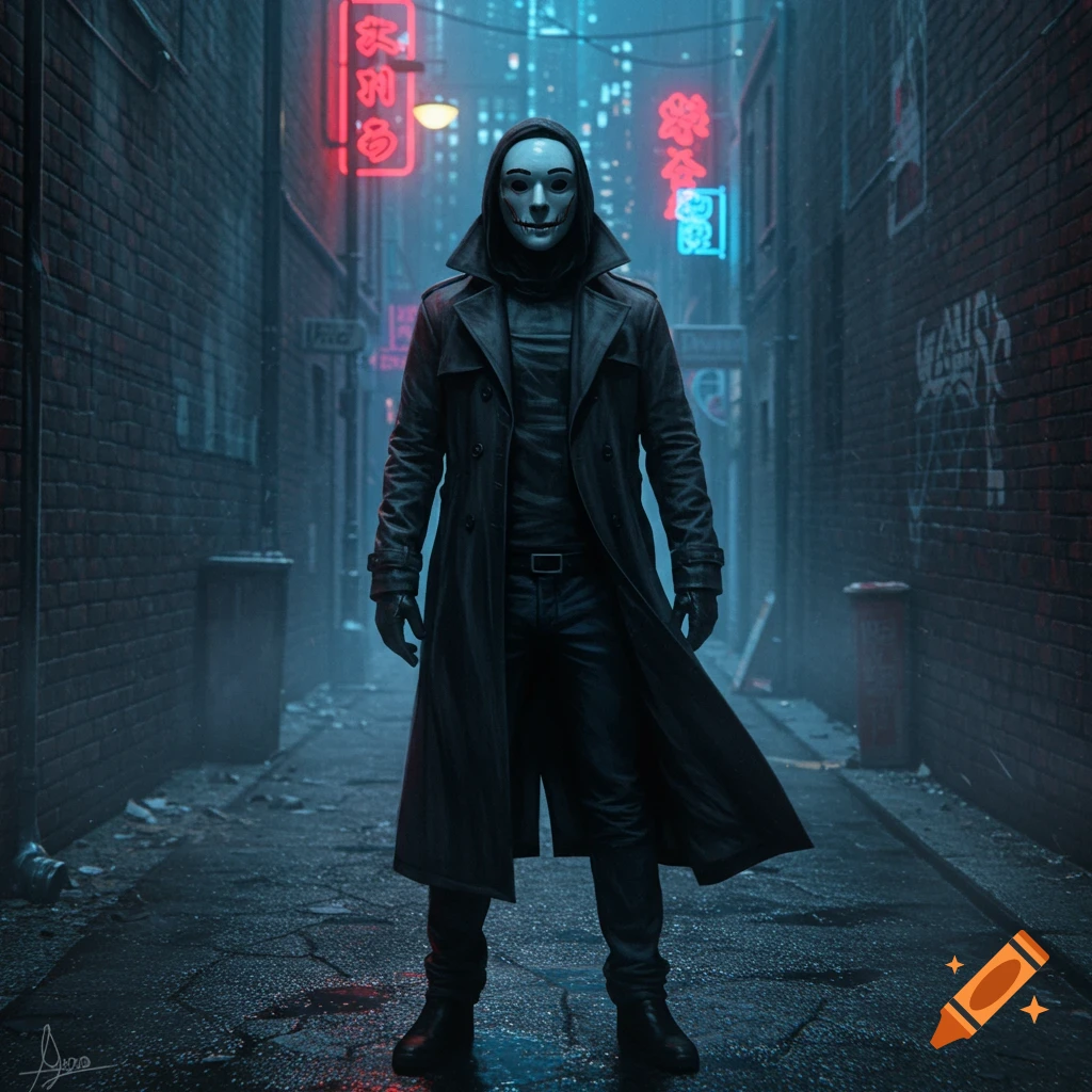 A mysterious person in a black trench coat and white mask stands in a dark, wet alley lit by neon signs.