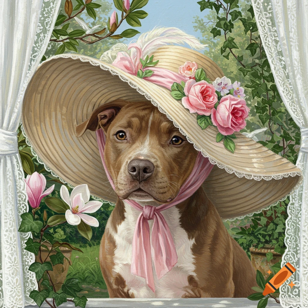 A brown and white pitbull wearing a wide straw hat decorated with pink roses and ribbon, looking out a window into a garden in a painted style.