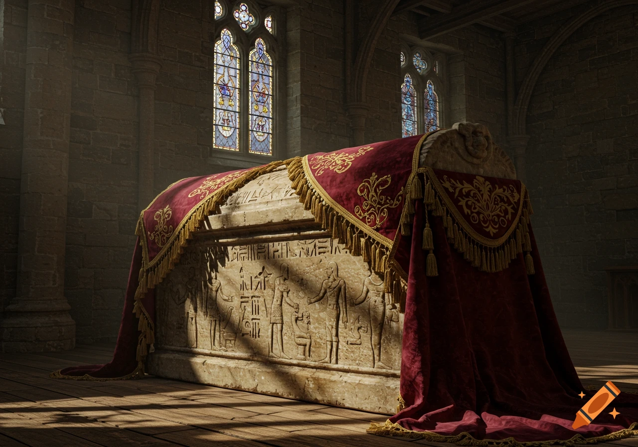 An ornate sarcophagus draped with a red and gold embroidered cloth sits in a dimly lit stone hall, illuminated by light streaming through stained glass windows.