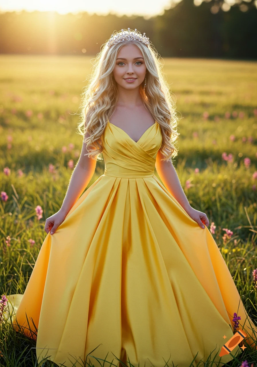 A young woman with blonde hair wearing a yellow prom dress and a crown stands in a field at sunset.
