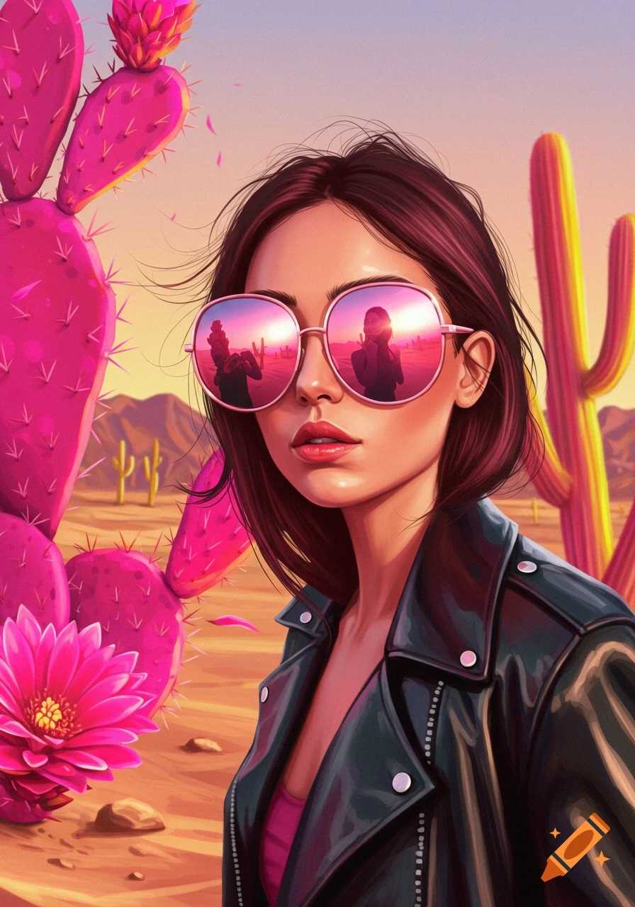 Stylized illustration of a woman with dark hair, a black leather jacket, and pink sunglasses in a desert with vibrant pink cacti.