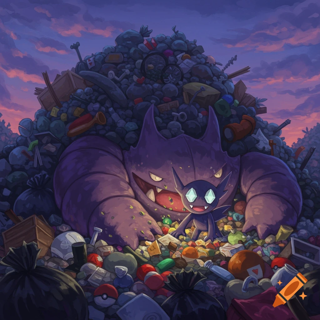 Sableye and Garbodor Pok together on a massive trash pile under a dramatic purple and orange sky, digital art.