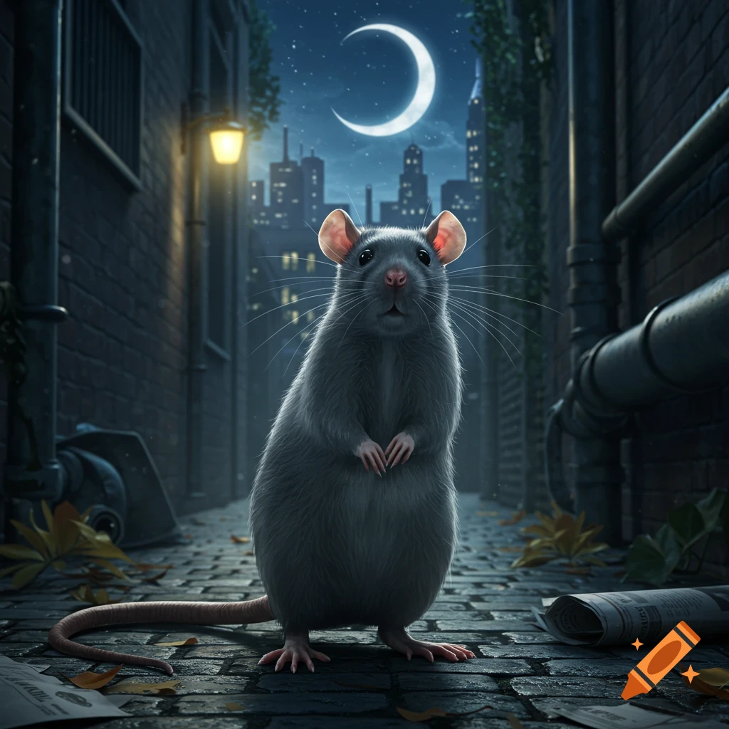 A photorealistic rat stands upright in a dark, wet alleyway at night under a crescent moon with distant city buildings.