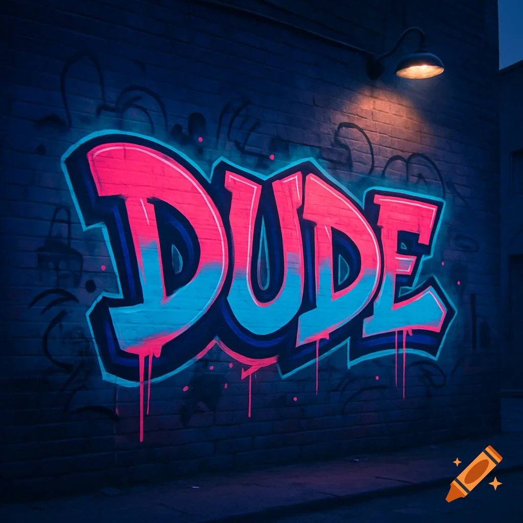 Neon pink and blue graffiti spelling 'DUDE' on a dark brick wall at night, illuminated by a street lamp.